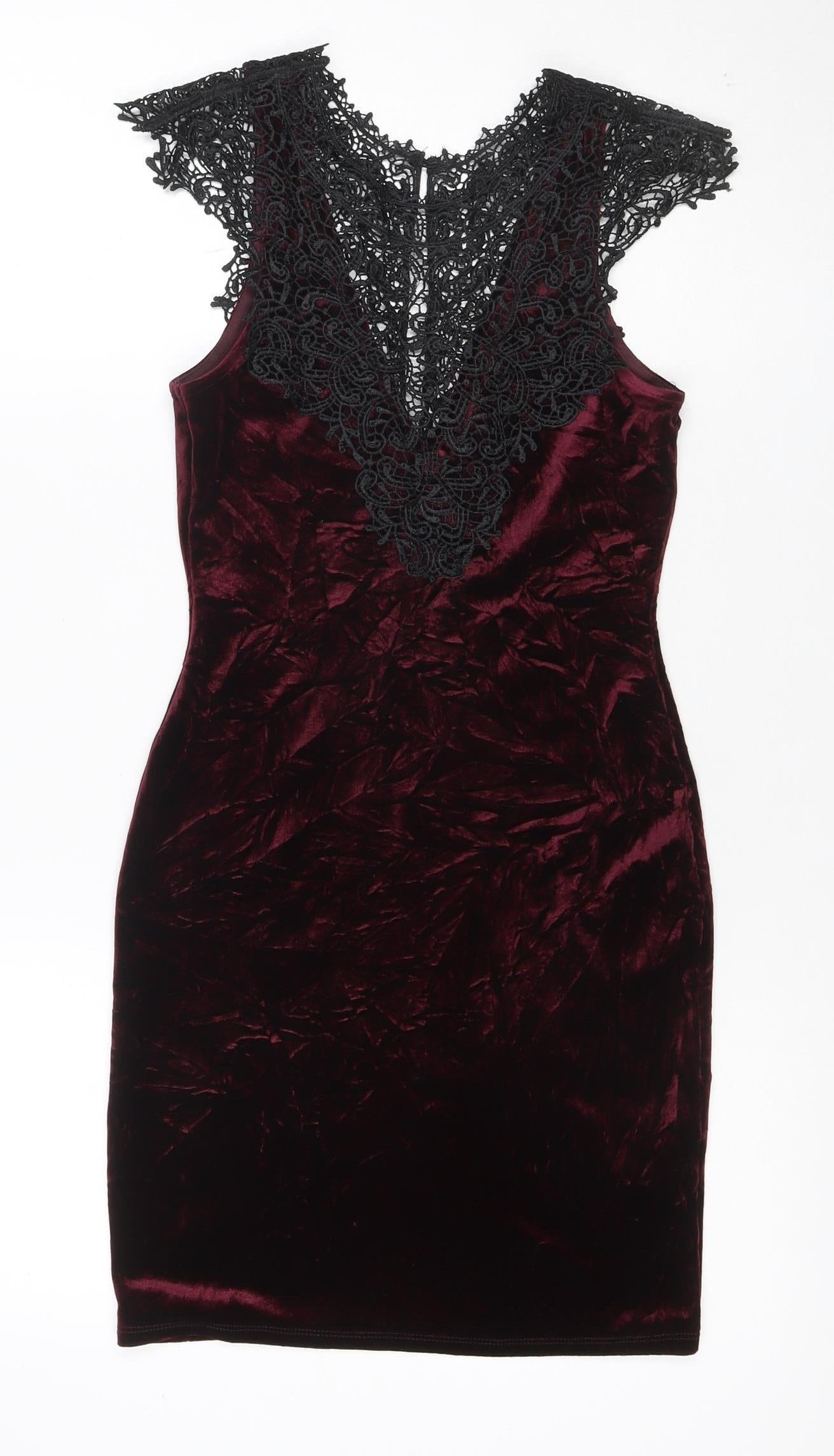 Topshop Women Burgundy Black Lace Velvet Bodycon Dress UK 8 Party