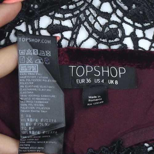 Topshop Women Burgundy Black Lace Velvet Bodycon Dress UK 8 Party