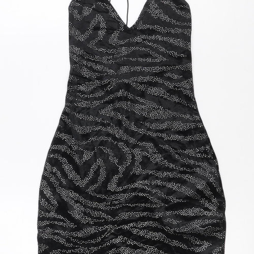 H&M Women Black S Velvet Rhinestone Zebra Halter Bodycon Mini Dress