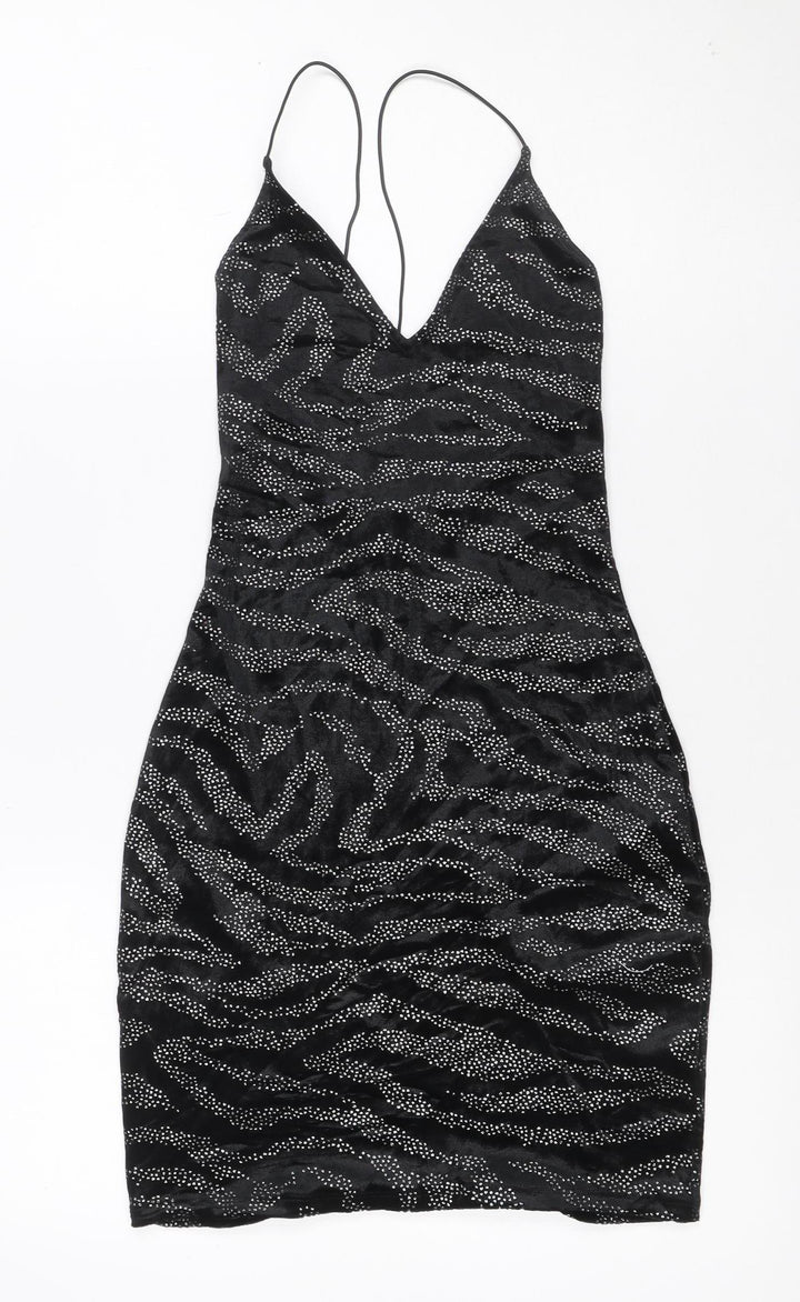 H&M Women Black S Velvet Rhinestone Zebra Halter Bodycon Mini Dress