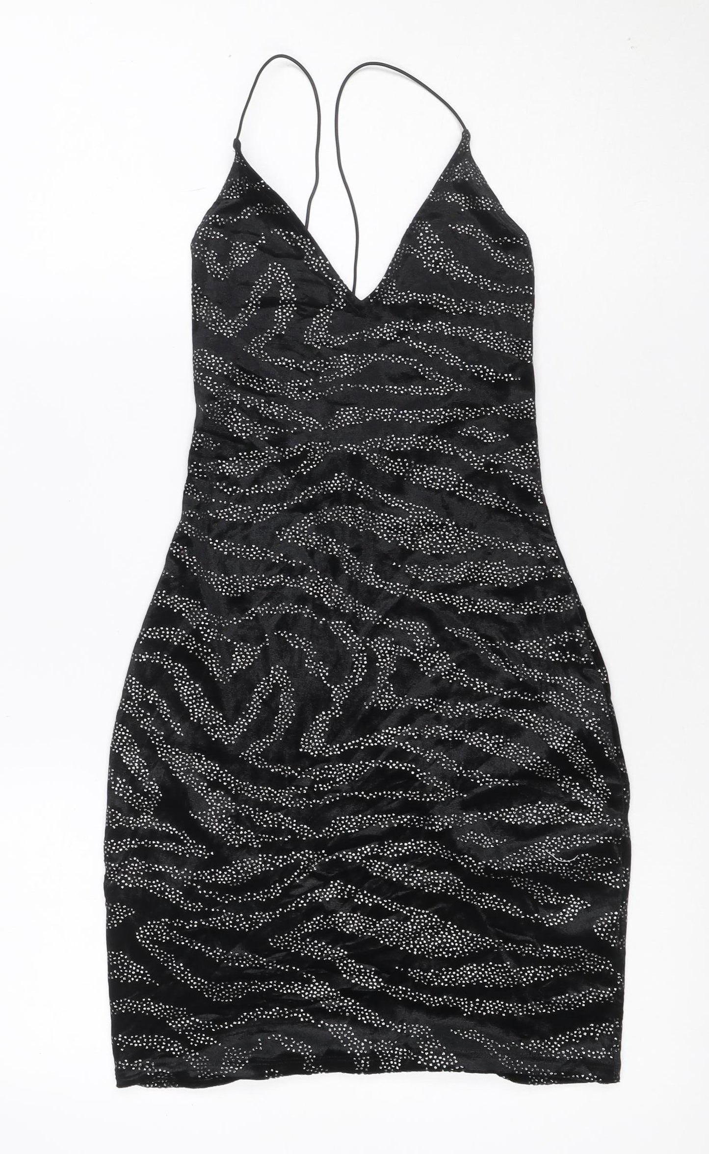 H&M Women Black S Velvet Rhinestone Zebra Halter Bodycon Mini Dress