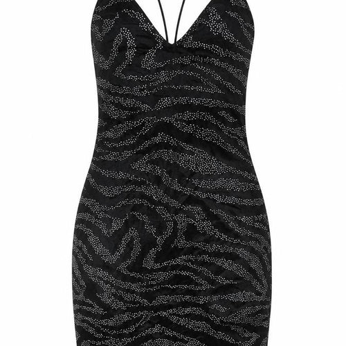 H&M Women Black S Velvet Rhinestone Zebra Halter Bodycon Mini Dress