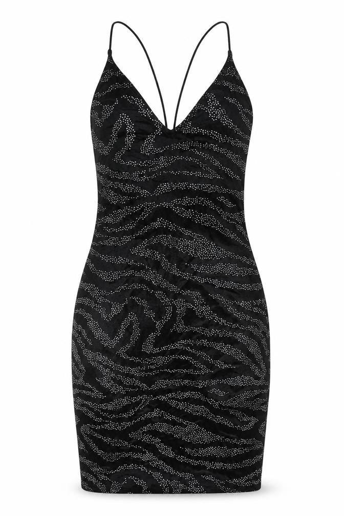 H&M Women Black S Velvet Rhinestone Zebra Halter Bodycon Mini Dress