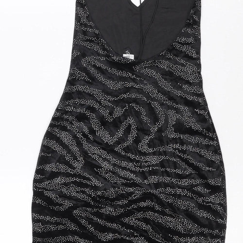 H&M Women Black S Velvet Rhinestone Zebra Halter Bodycon Mini Dress