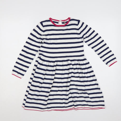 Marks and Spencer Girls Blue White Stripe Skater Dress 6-7 Years Cotton