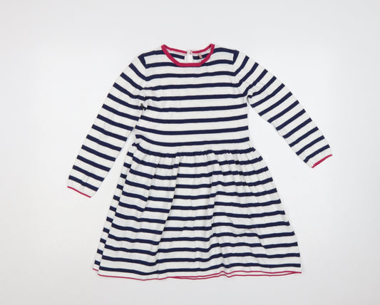 Marks and Spencer Girls Blue White Stripe Skater Dress 6-7 Years Cotton