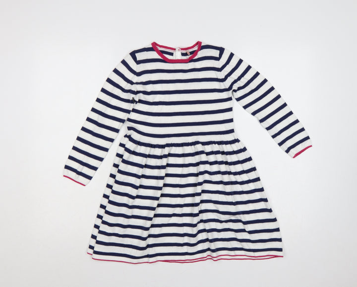Marks and Spencer Girls Blue White Stripe Skater Dress 6-7 Years Cotton
