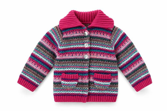 Front view of Marks & Spencer girls’ pink fair isle knit cardigan 12-18 months
