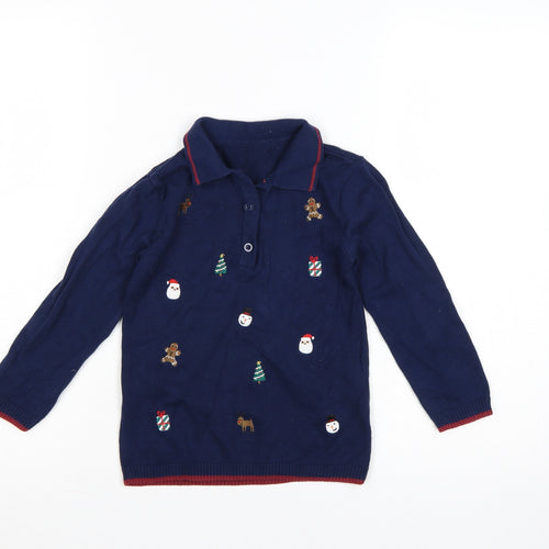 Nutmeg Girls Navy 4-5 Years Christmas Henley Cotton Knit Jumper