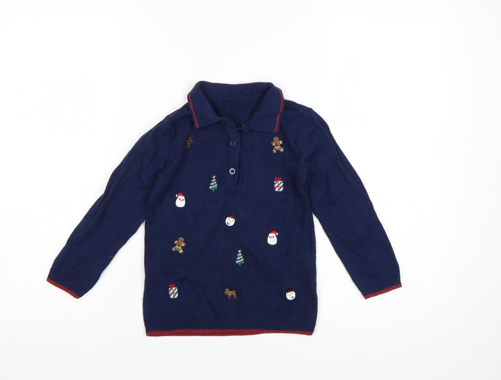 Nutmeg Girls Navy 4-5 Years Christmas Henley Cotton Knit Jumper