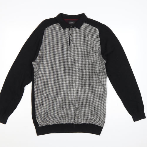 Next Men's Black Large Houndstooth Collared Henley Cotton Knit Jumper