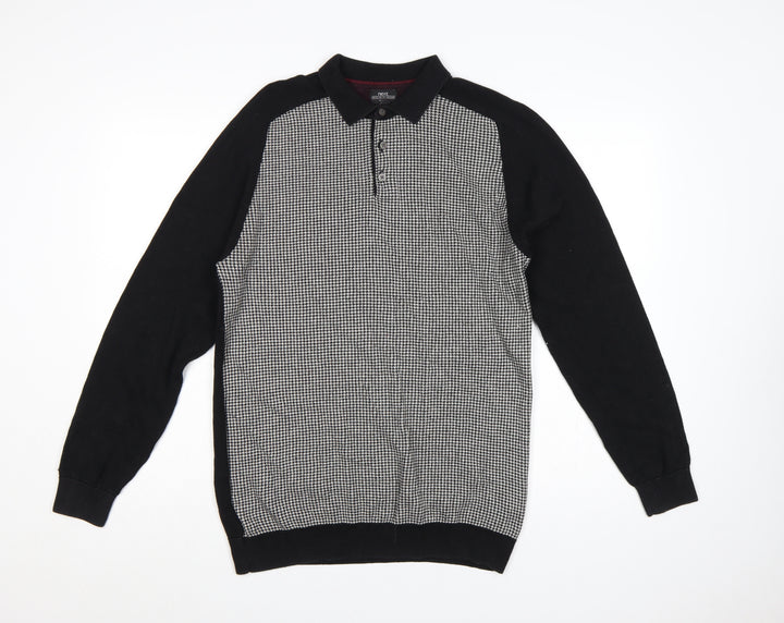 Next Men's Black Large Houndstooth Collared Henley Cotton Knit Jumper