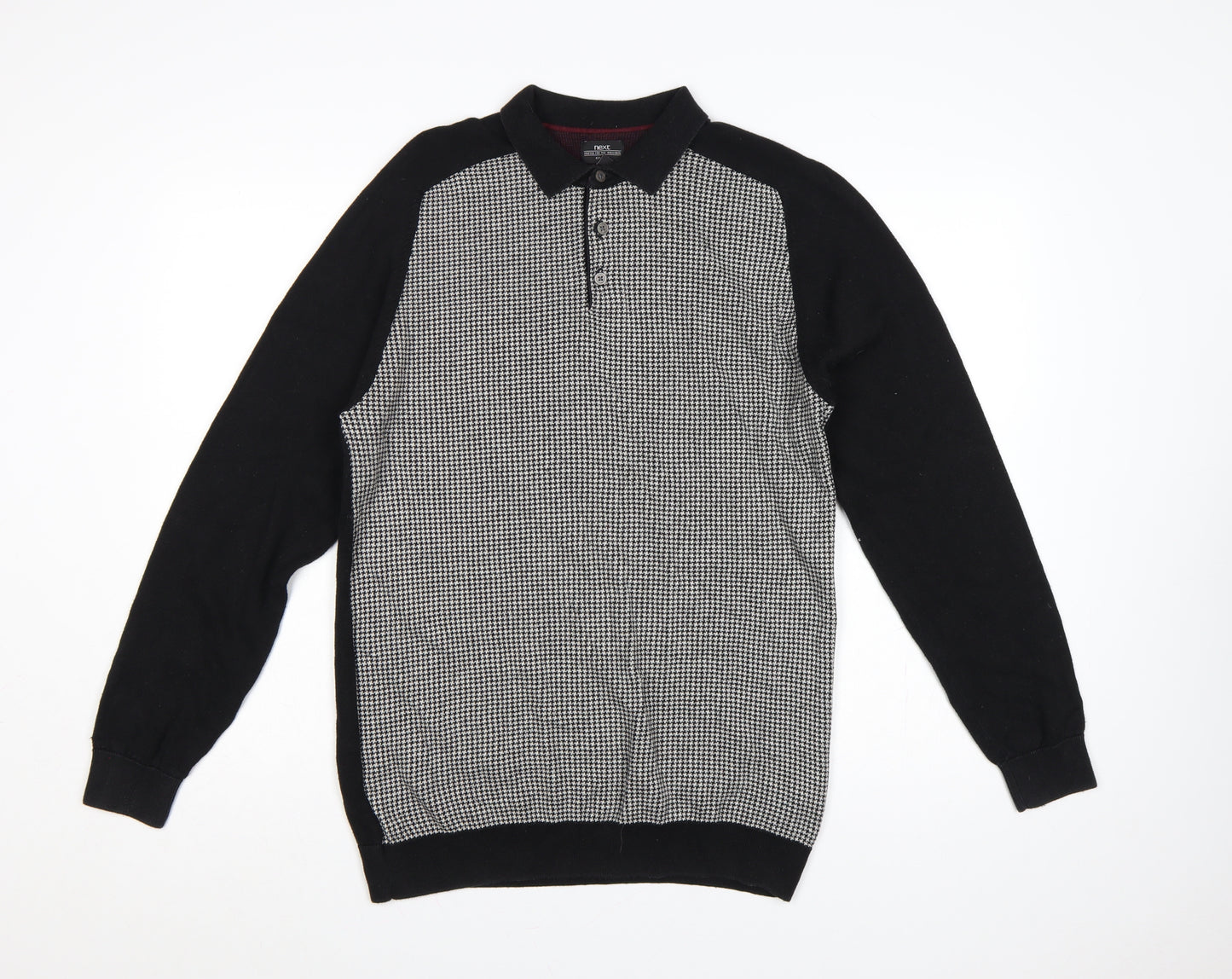Next Men's Black Large Houndstooth Collared Henley Cotton Knit Jumper