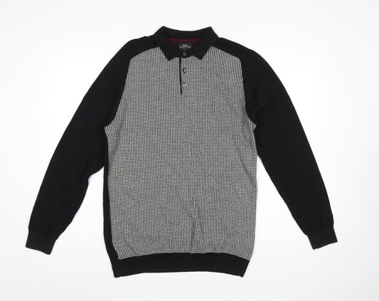 Next Men's Black Large Houndstooth Collared Henley Cotton Knit Jumper