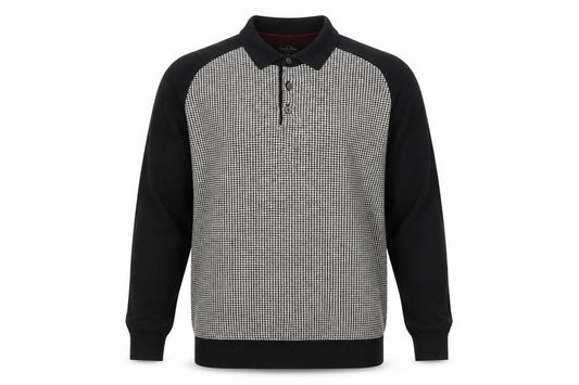 Next Men's Black Large Houndstooth Collared Henley Cotton Knit Jumper