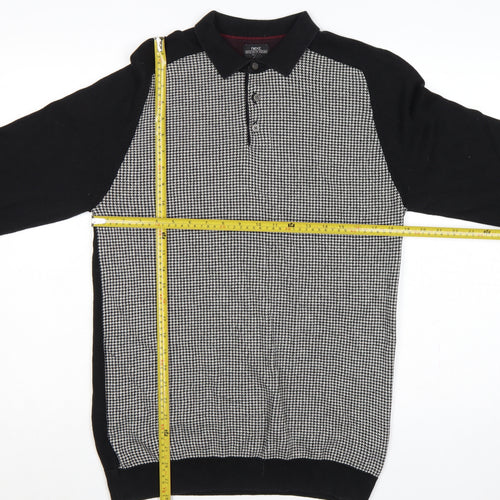 Next Men's Black Large Houndstooth Collared Henley Cotton Knit Jumper