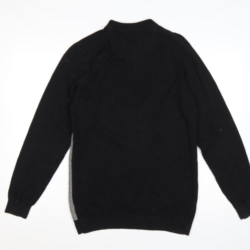 Next Men's Black Large Houndstooth Collared Henley Cotton Knit Jumper