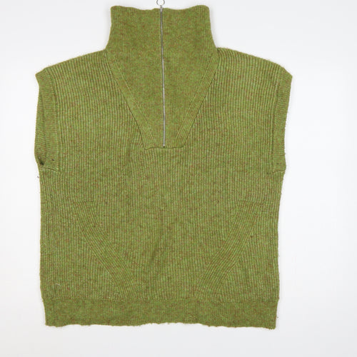 Marks and Spencer Women Green M Sleeveless 1/2 Zip High Neck Knit Vest