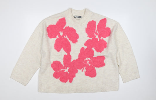 Nutmeg Women Beige Pink Floral Knit High Neck Jumper UK 18