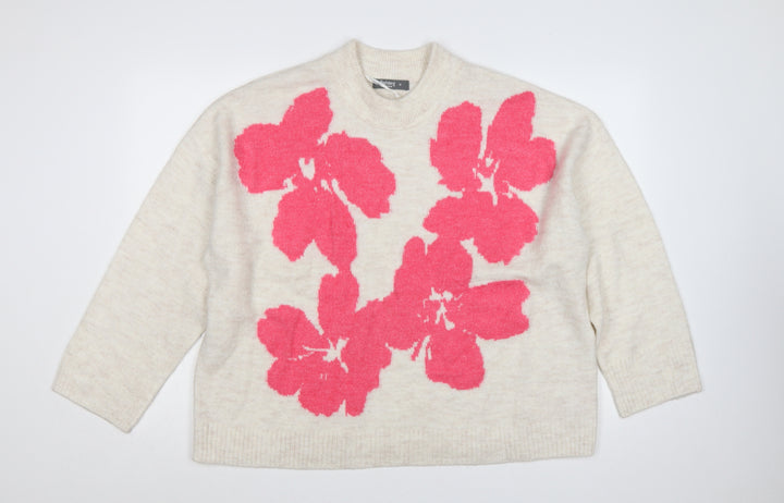 Nutmeg Women Beige Pink Floral Knit High Neck Jumper UK 18
