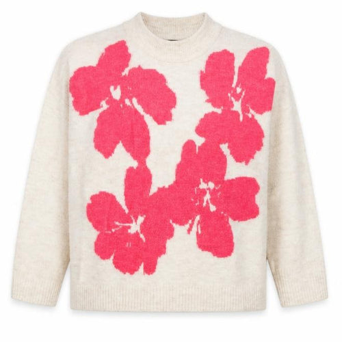Nutmeg Women Beige Pink Floral Knit High Neck Jumper UK 18