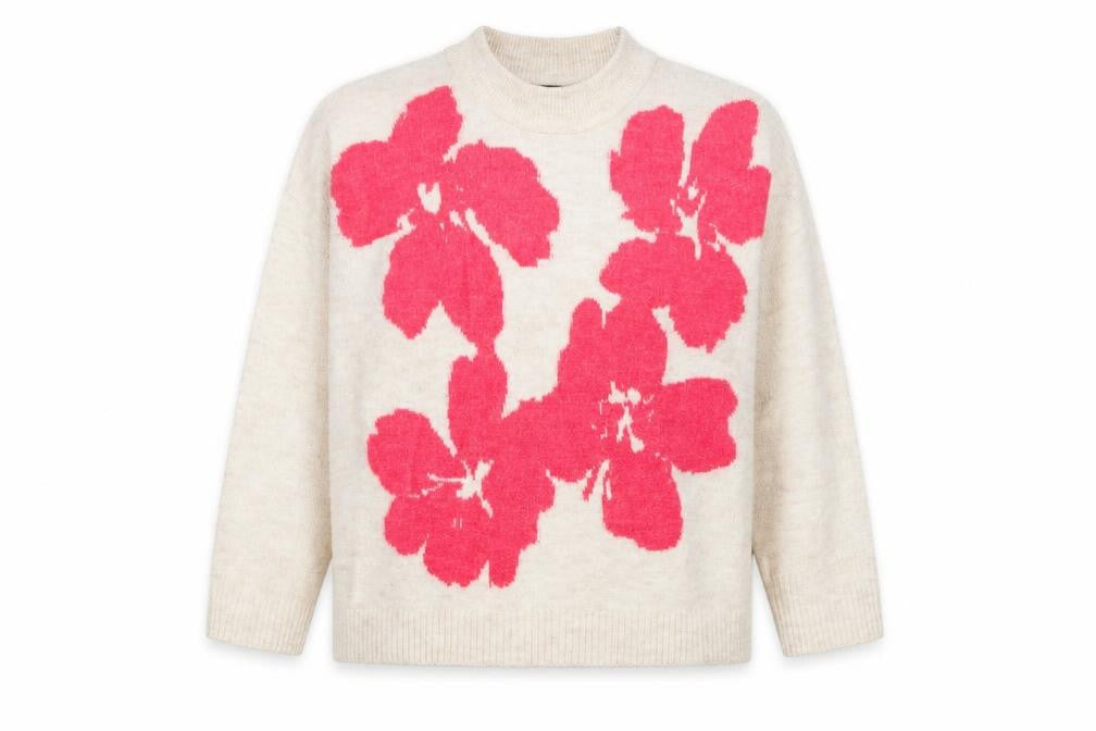 Nutmeg Women Beige Pink Floral Knit High Neck Jumper UK 18