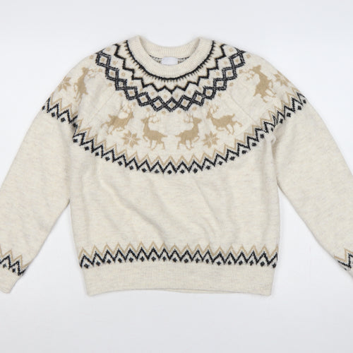 Primark Women's Beige M Fair Isle Reindeer Christmas Knit Jumper