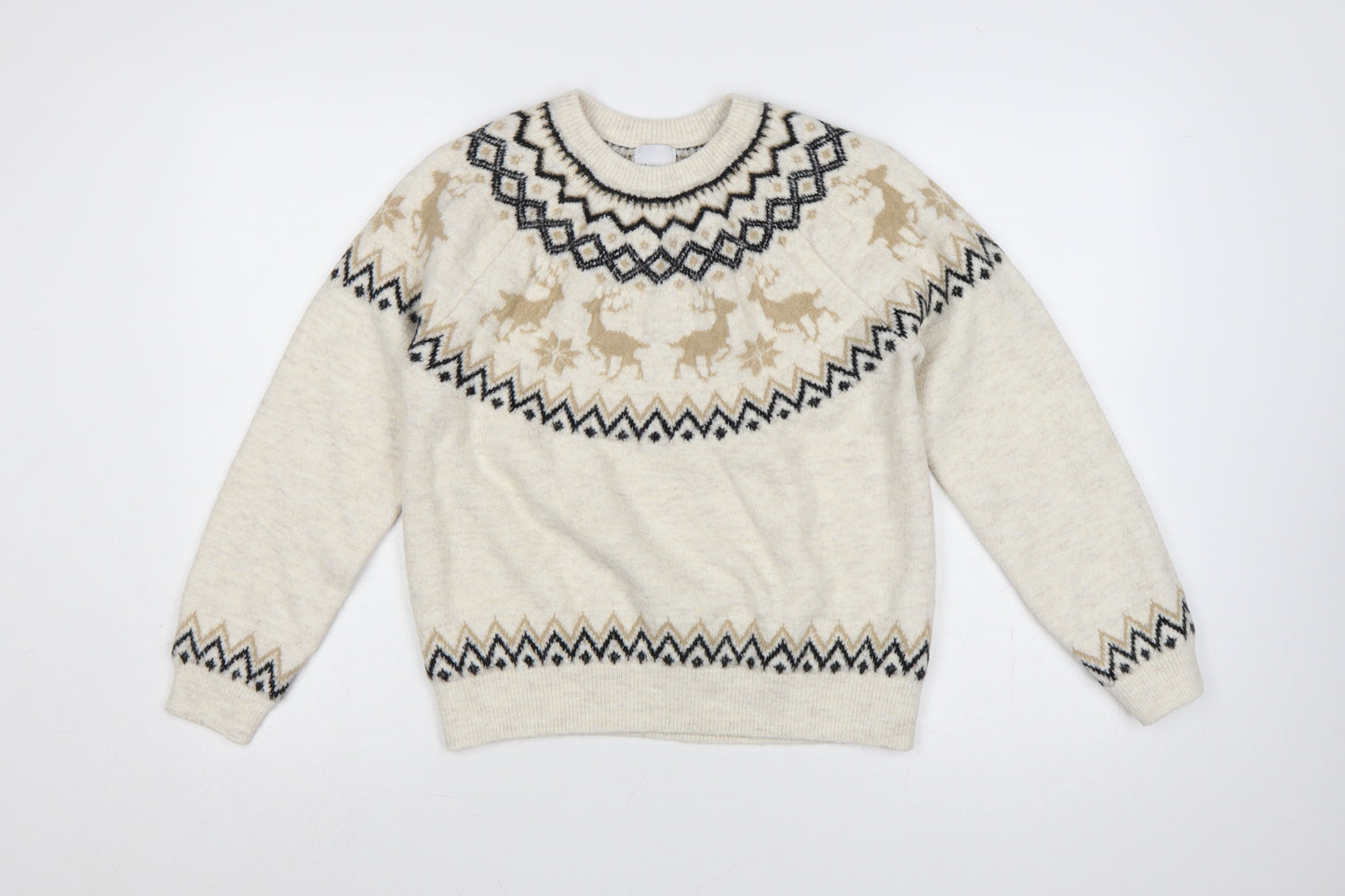 Primark Women's Beige M Fair Isle Reindeer Christmas Knit Jumper