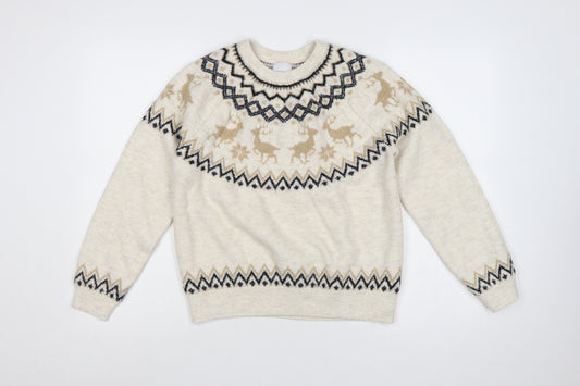 Primark Women's Beige M Fair Isle Reindeer Christmas Knit Jumper