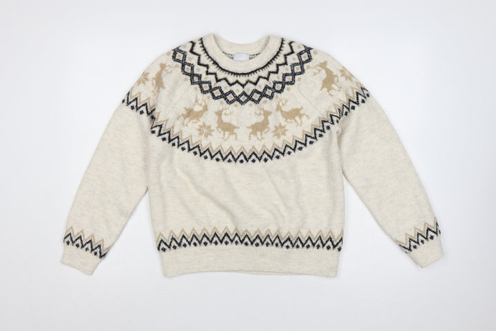 Primark Women's Beige M Fair Isle Reindeer Christmas Knit Jumper