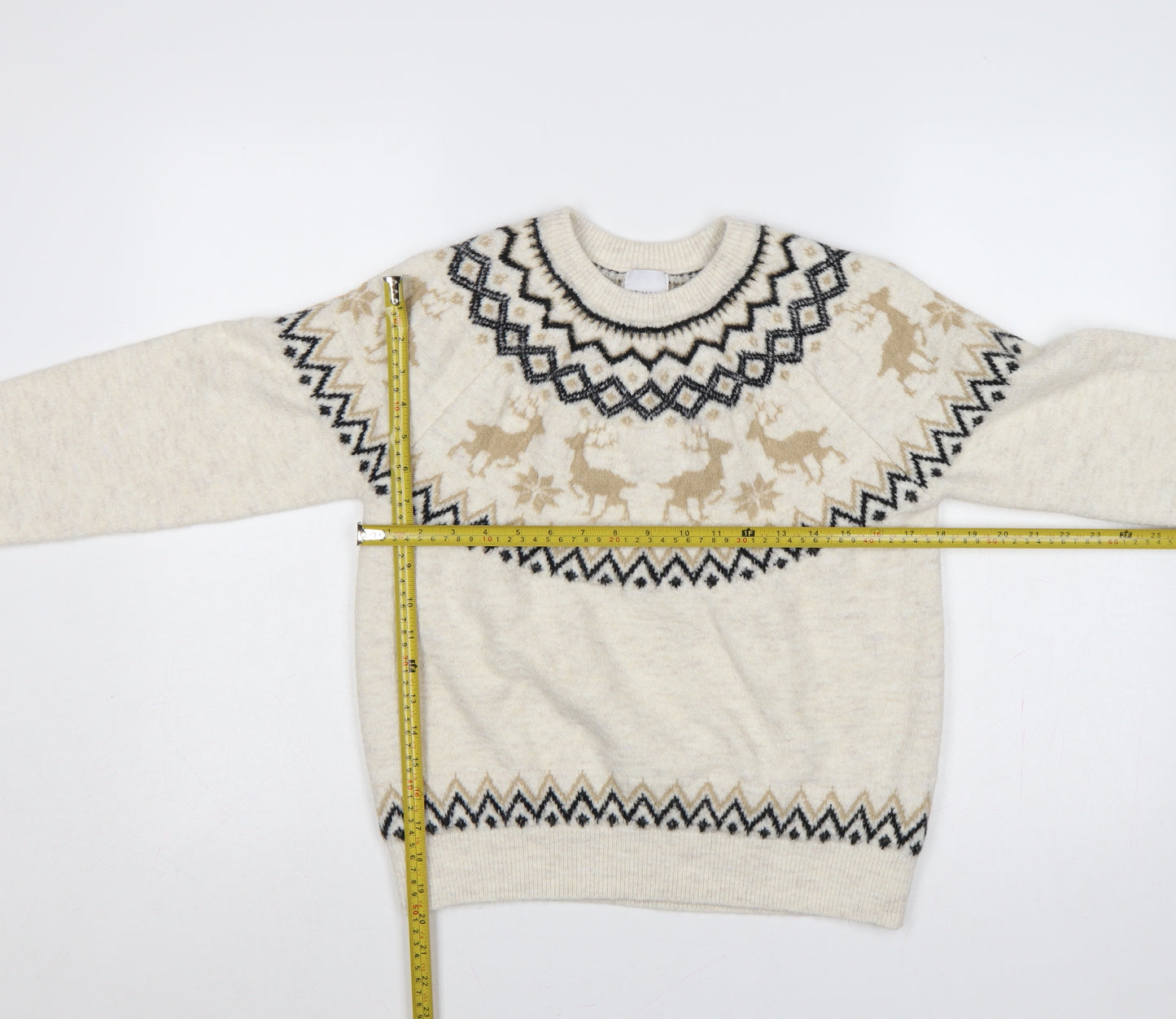 Primark Women's Beige M Fair Isle Reindeer Christmas Knit Jumper