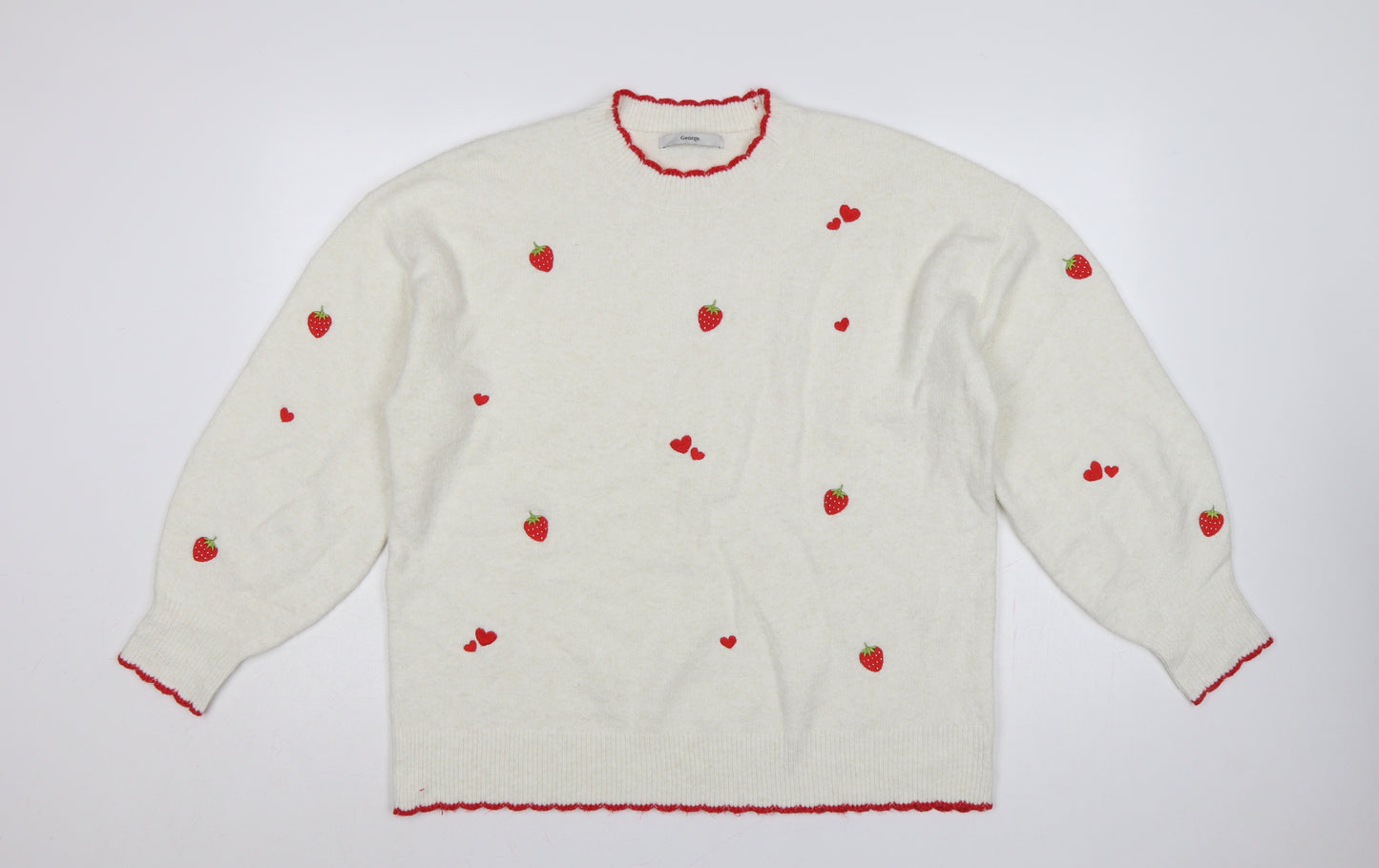 George Women’s Ivory Strawberry Heart Embroidered Knit Jumper UK 16