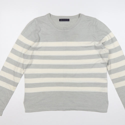 Marks and Spencer Women Grey Ivory Striped Size 12 Pullover Jumper