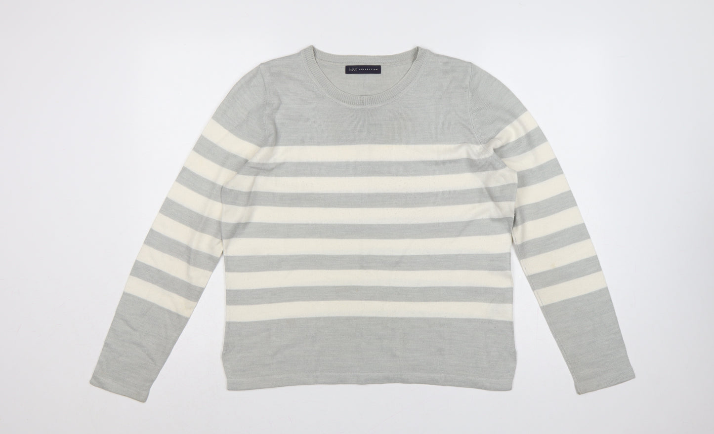 Marks and Spencer Women Grey Ivory Striped Size 12 Pullover Jumper