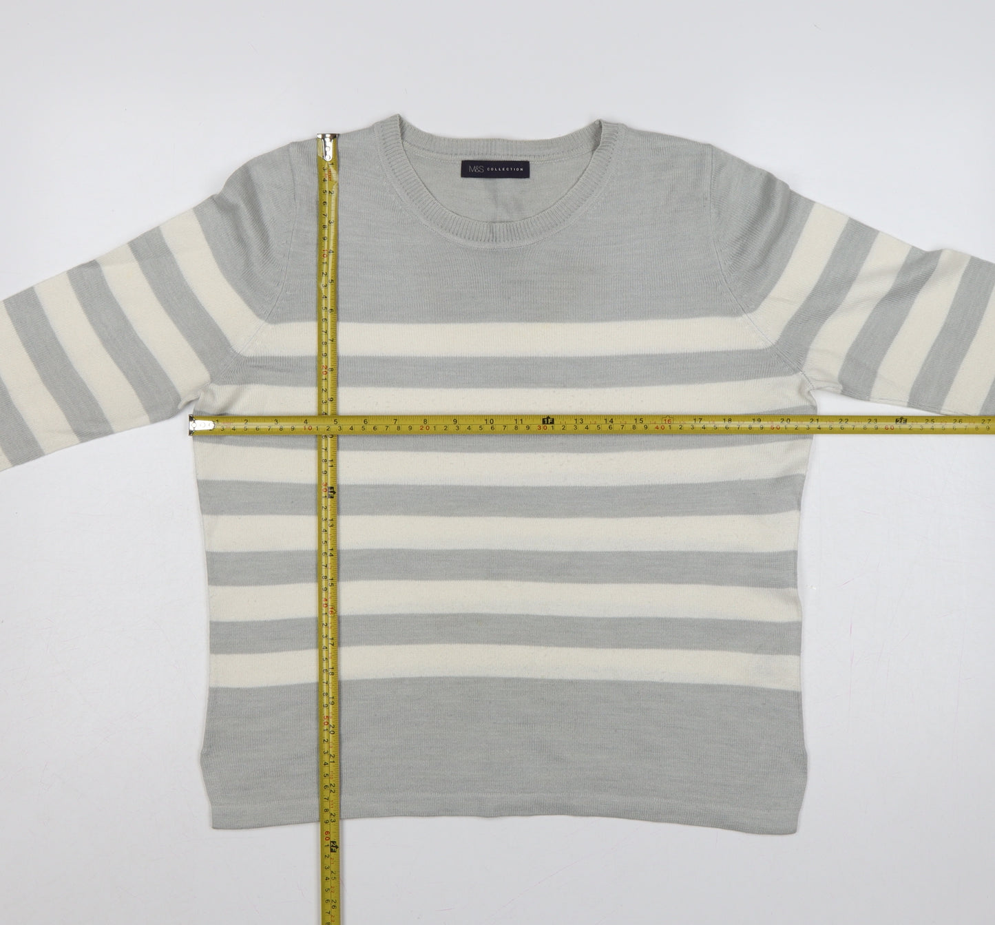Marks and Spencer Women Grey Ivory Striped Size 12 Pullover Jumper