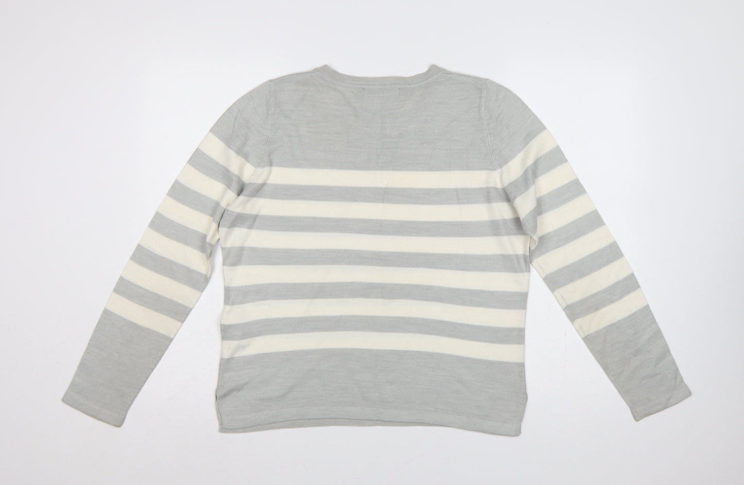 Marks and Spencer Women Grey Ivory Striped Size 12 Pullover Jumper