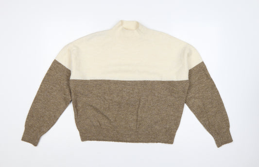 H&M Women’s Beige Brown Colour Block High Neck Knit Jumper Size S
