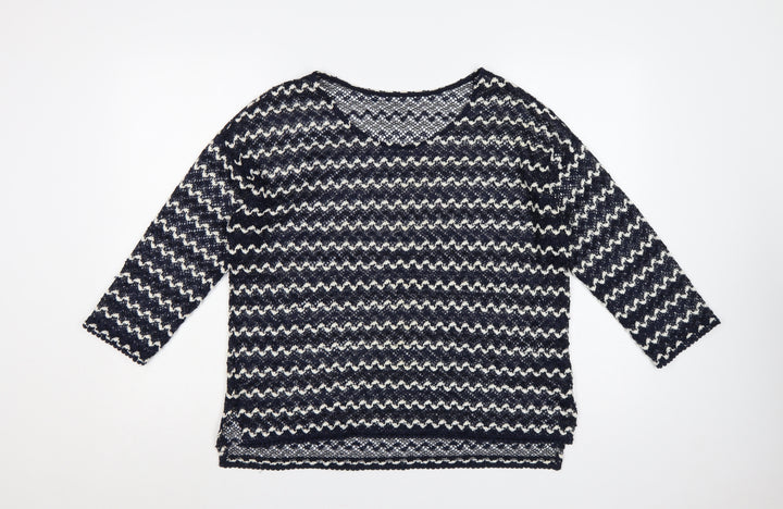Next Women Blue Ivory Striped Open-Knit Boat Neck Jumper UK 14