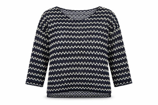 Front view of Next Women Blue Ivory Striped Open-Knit Boat Neck Jumper UK 14