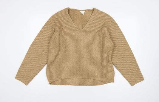 H&M Women’s Beige XS Chunky Rib Knit V-Neck Pullover Jumper