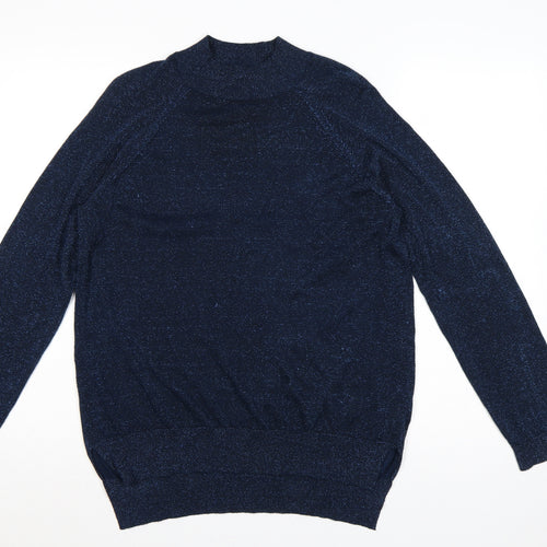 F&F Women’s Blue Glitter Knit Mock Neck Jumper UK 14 Long Sleeve