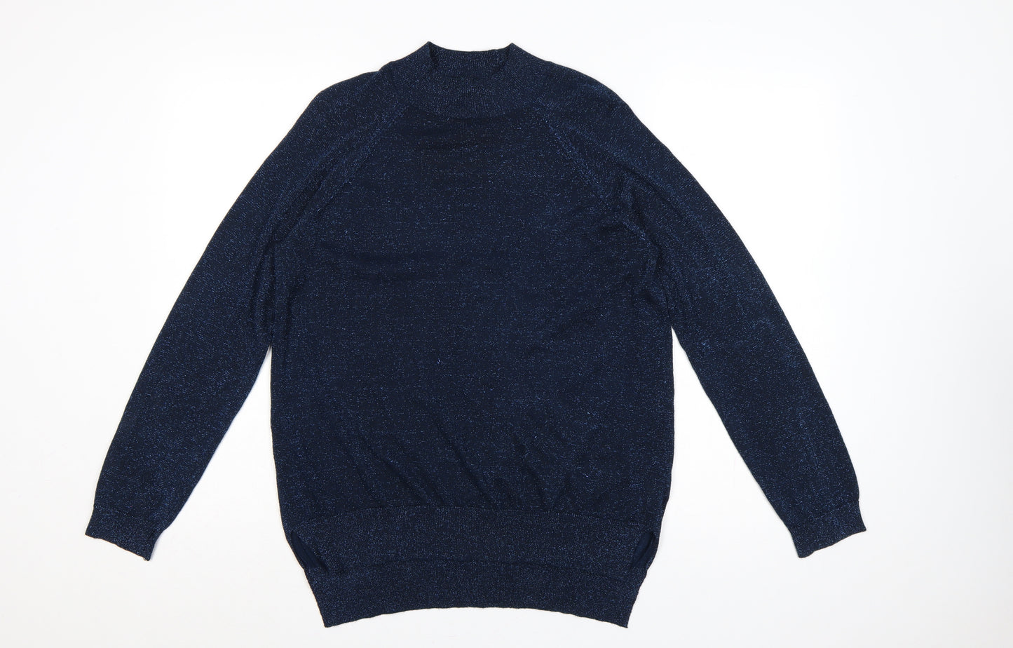 F&F Women’s Blue Glitter Knit Mock Neck Jumper UK 14 Long Sleeve