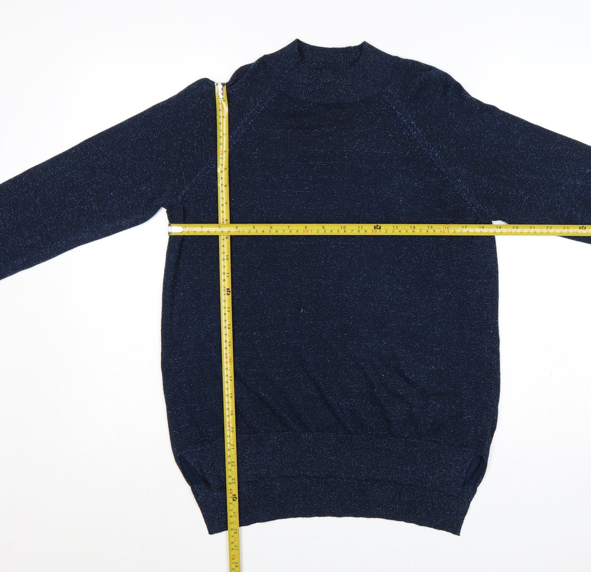 F&F Women’s Blue Glitter Knit Mock Neck Jumper UK 14 Long Sleeve