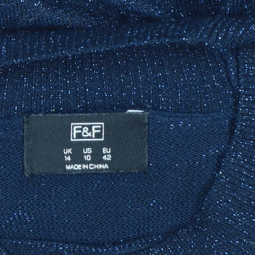 F&F Women’s Blue Glitter Knit Mock Neck Jumper UK 14 Long Sleeve