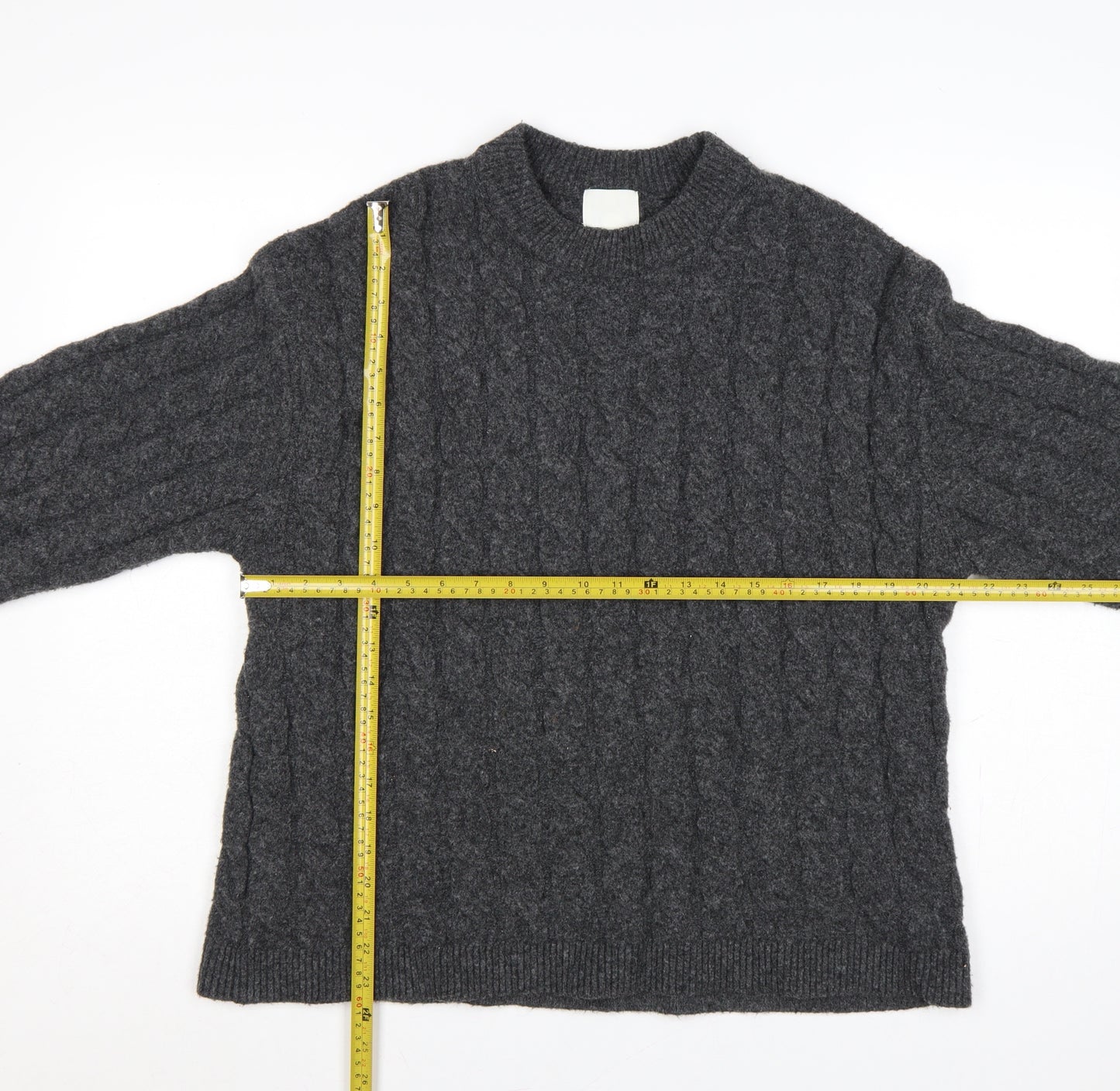 H&M Women Grey UK 10 Cable-Knit Crew Neck Pullover Jumper