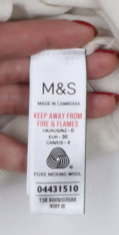 Marks & Spencer Women Ivory UK 8 Pure Merino Wool Roll Neck Jumper