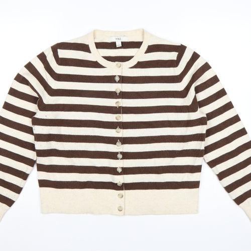 Marks & Spencer Women's Brown Ivory L Striped Button Knit Cardigan