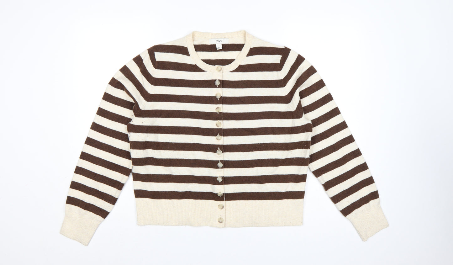 Marks & Spencer Women's Brown Ivory L Striped Button Knit Cardigan