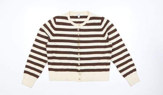 Marks & Spencer Women's Brown Ivory L Striped Button Knit Cardigan