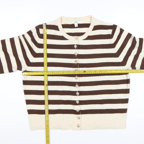 Marks & Spencer Women's Brown Ivory L Striped Button Knit Cardigan